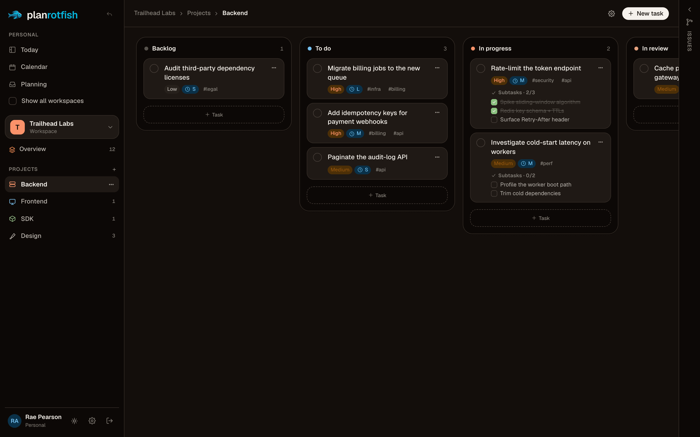 The same Planrotfish project board in dark mode.