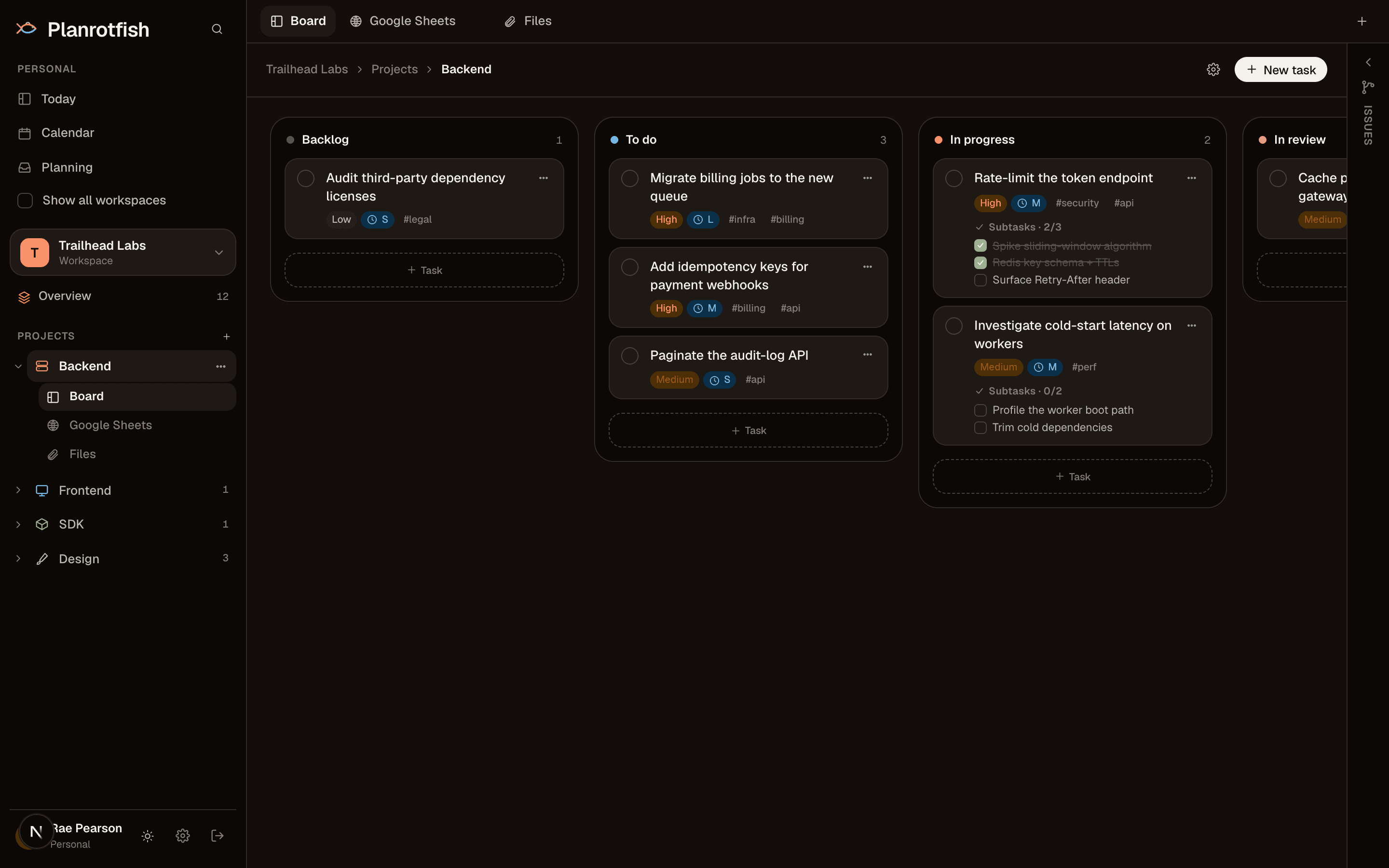 The same Planrotfish project board in dark mode.