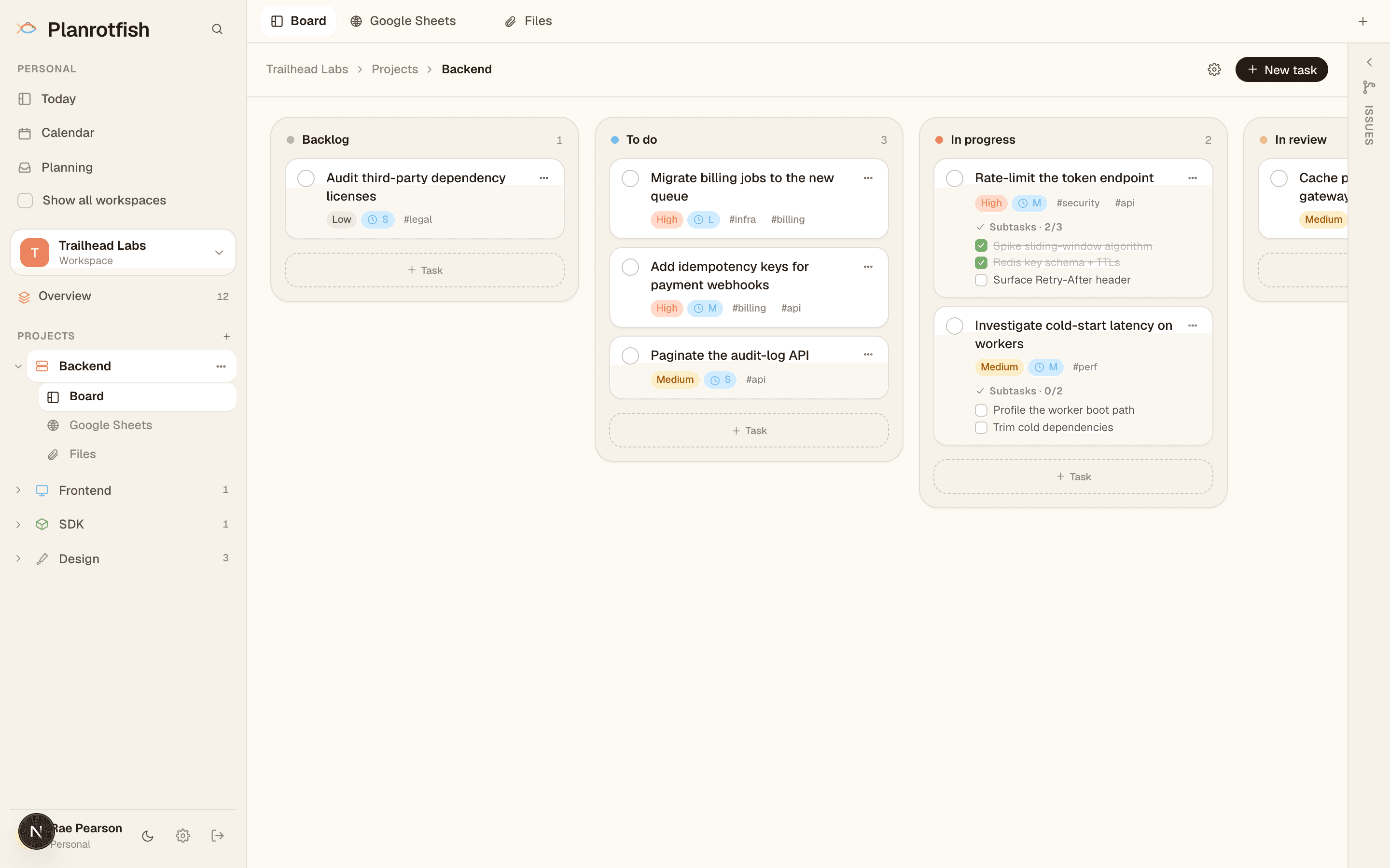 A Planrotfish project board with tasks lined up across Backlog, To do, In progress and review lanes.